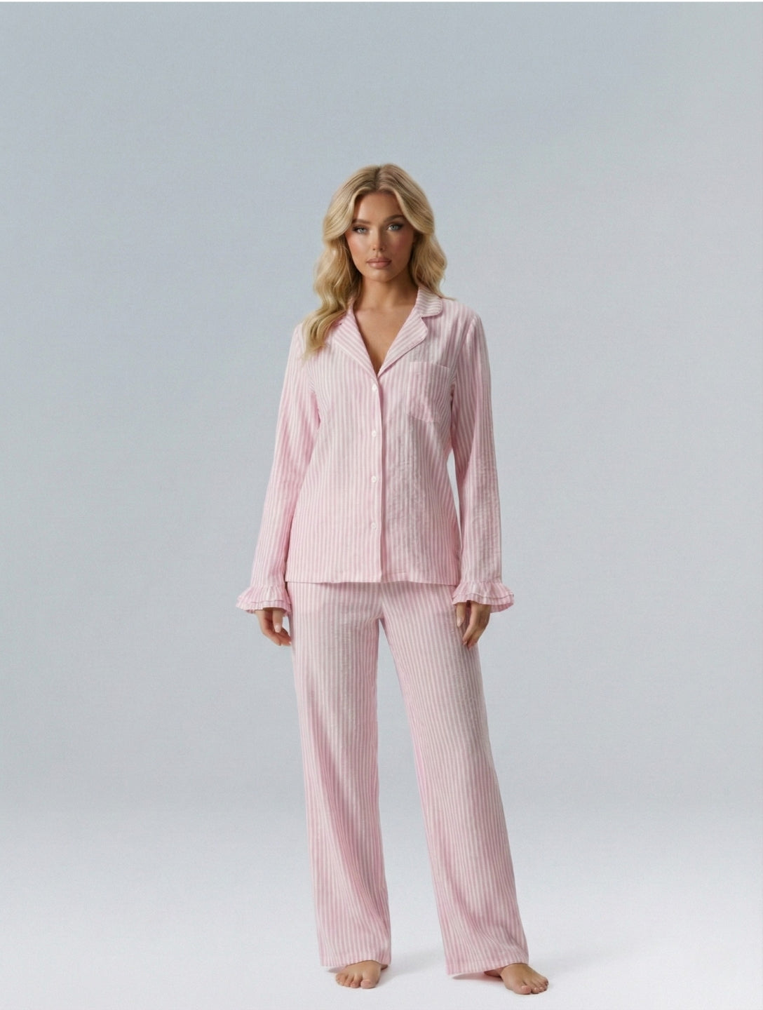 Cotton Stripe Pajama Set with Ruffle Sleeve - HeyShape