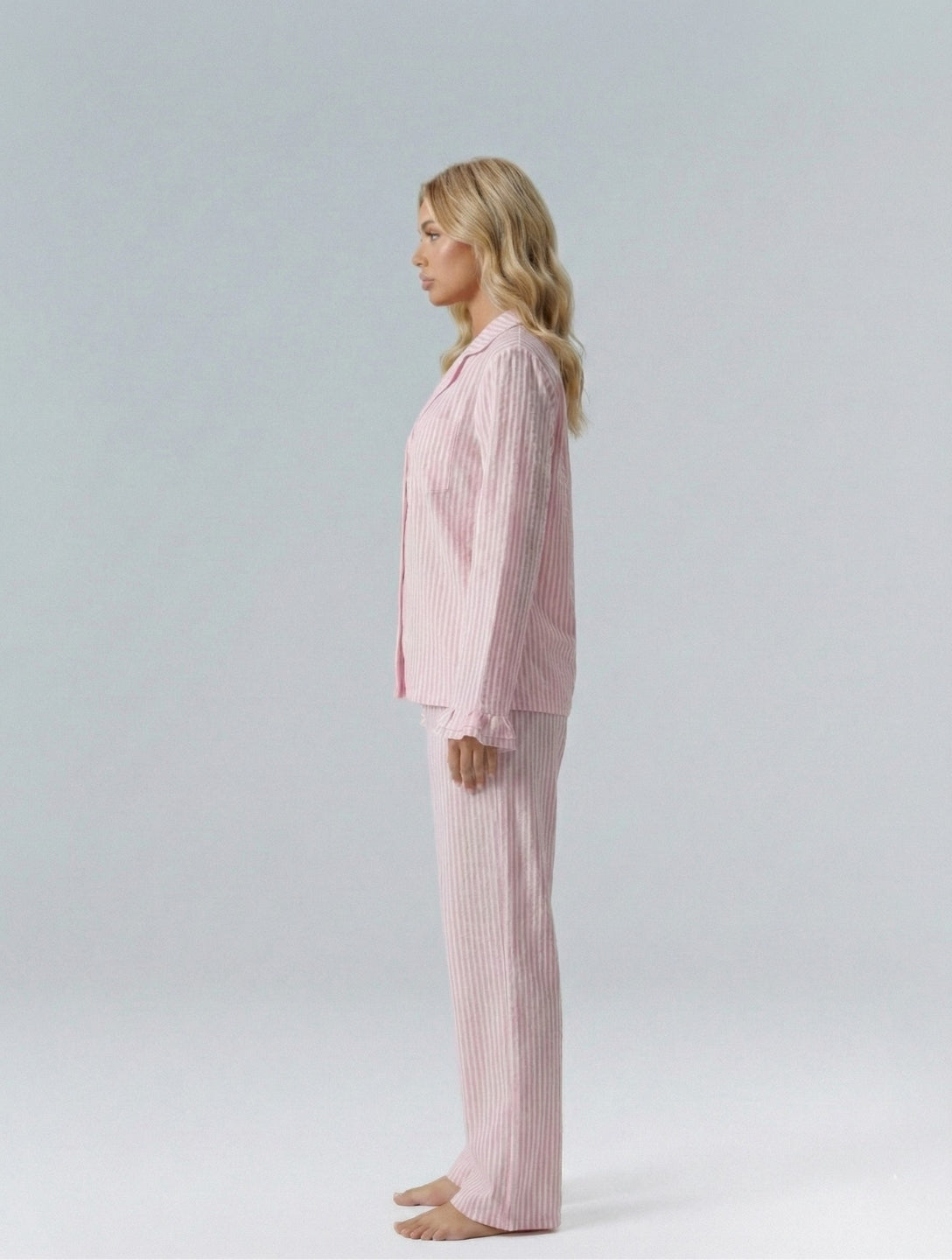 Cotton Stripe Pajama Set with Ruffle Sleeve - HeyShape