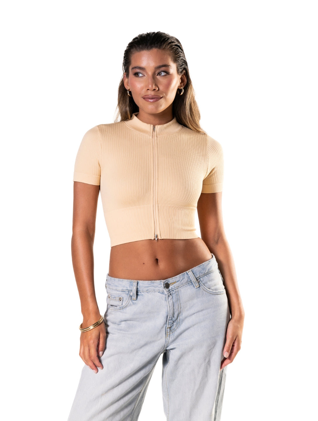 Seamless Ribbed Zip-Front Short Sleeve Crop Top - HeyShape