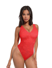 V-Neck Laced Thong Bodysuit - HeyShape