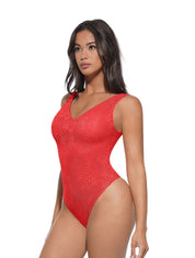 V-Neck Laced Thong Bodysuit - HeyShape