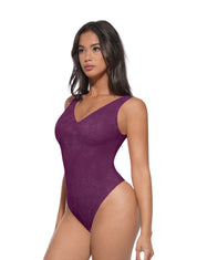V-Neck Laced Thong Bodysuit - HeyShape