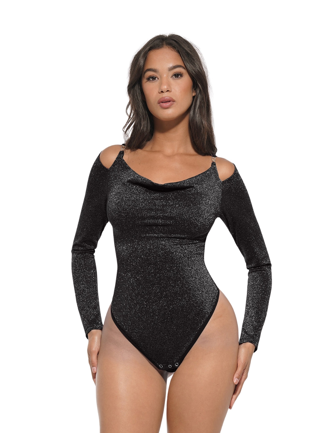 Glitter Long Sleeve Thong Bodysuit - HeyShape