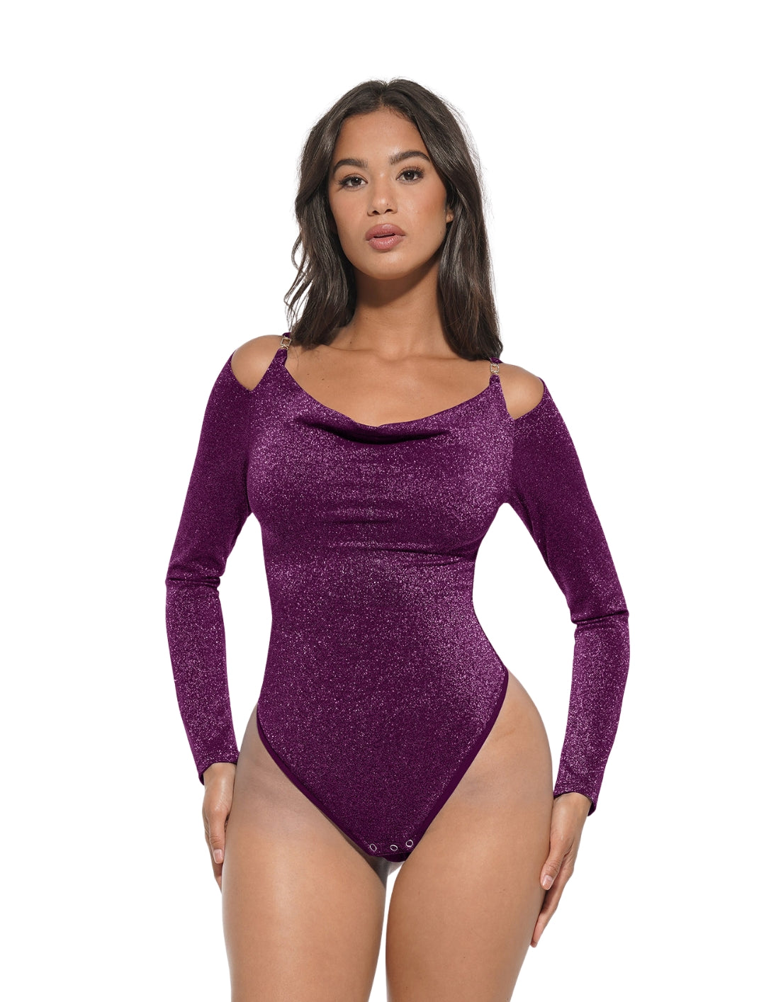 Glitter Long Sleeve Thong Bodysuit - HeyShape