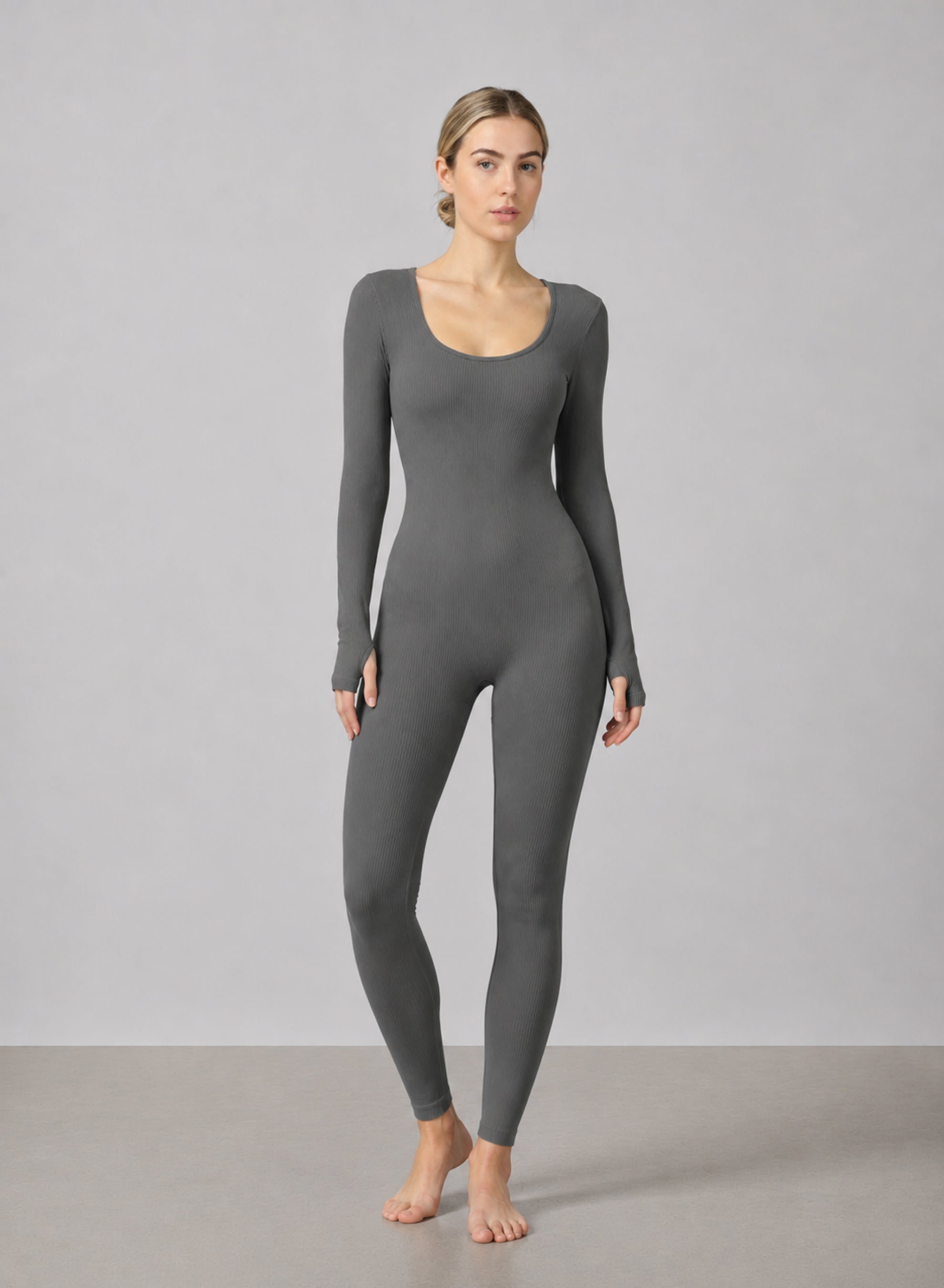 Ribbed Square Neck Jumpsuit - HeyShape