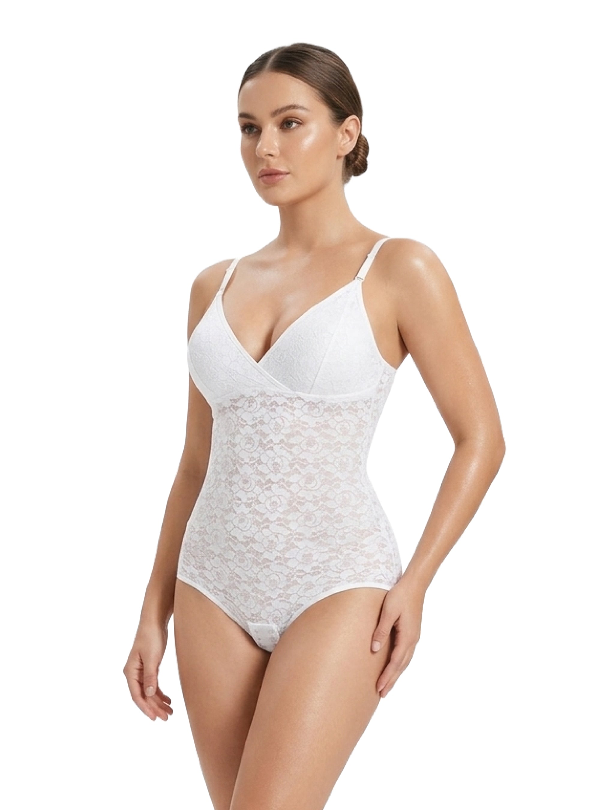 Sheer Laced V-neck Bodysuit - HeyShape