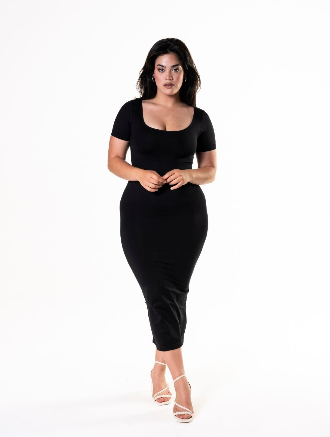 Bodycon Shapewear Midi Slit Dress with Short Sleeves