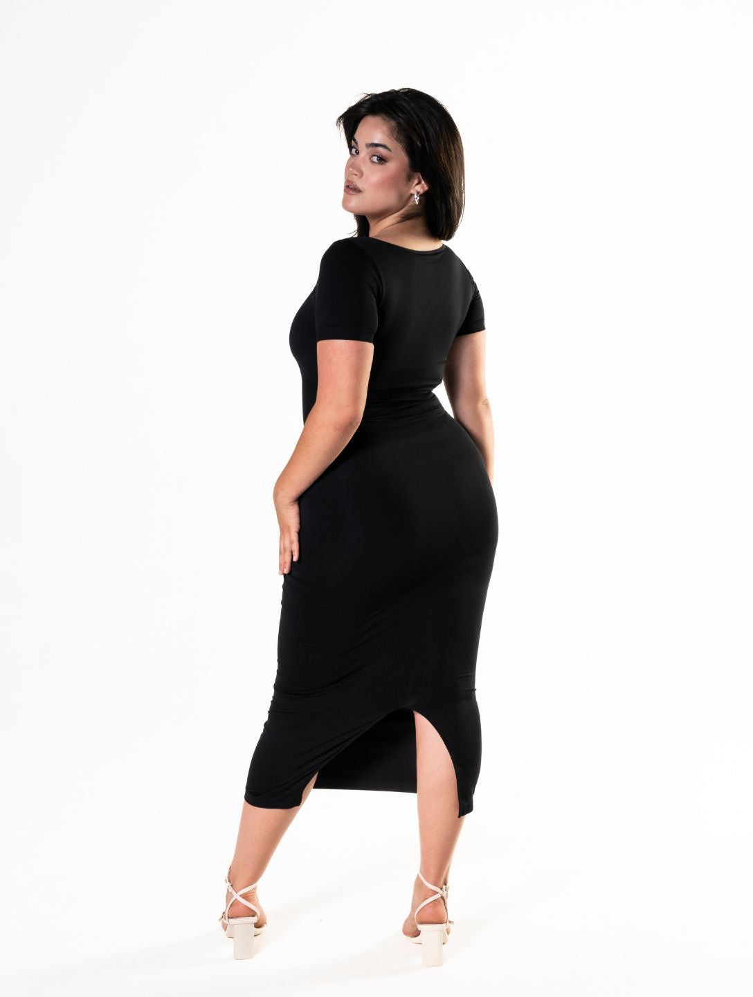 Bodycon Shapewear Vestido Midi Slit con Mangas Cortas