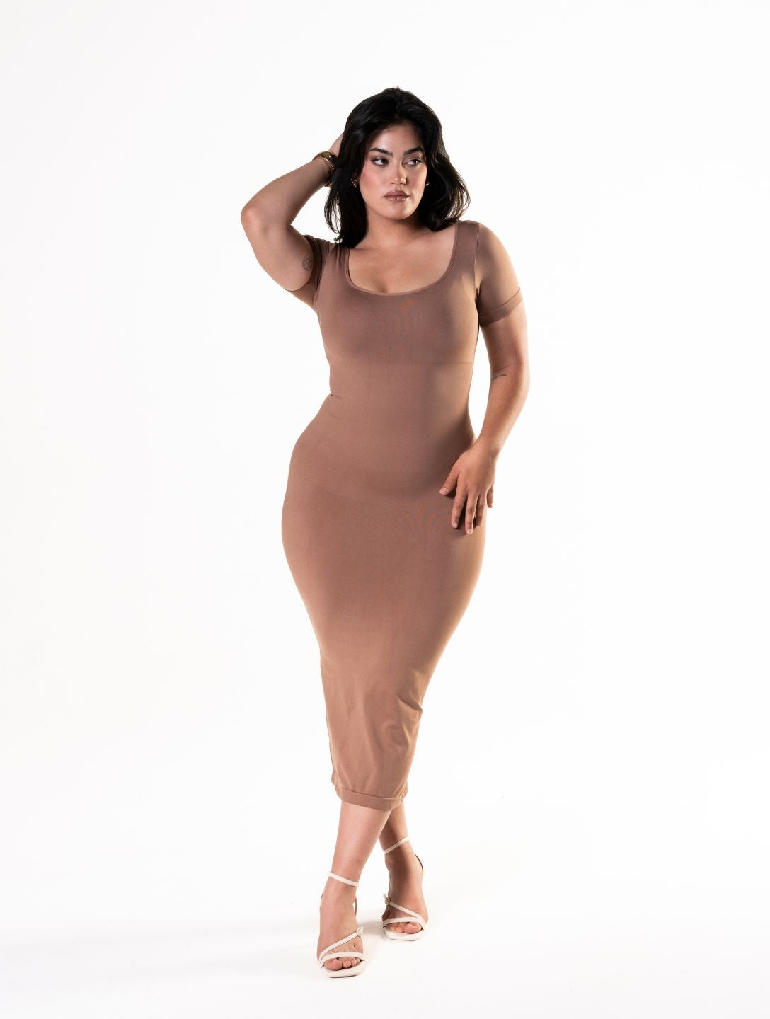 Bodycon Shapewear Vestido Midi Slit con Mangas Cortas