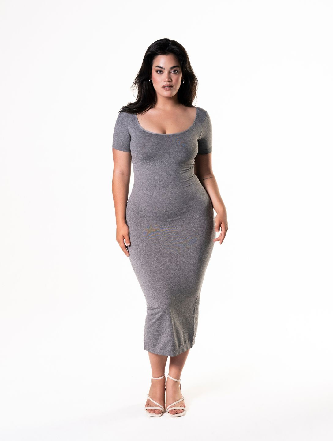 Bodycon Shapewear Vestido Midi Slit con Mangas Cortas