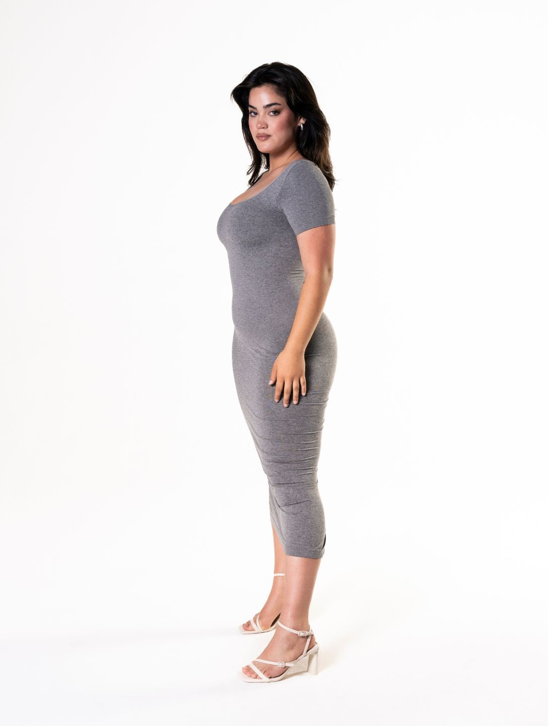 Bodycon Shapewear Vestido Midi Slit con Mangas Cortas