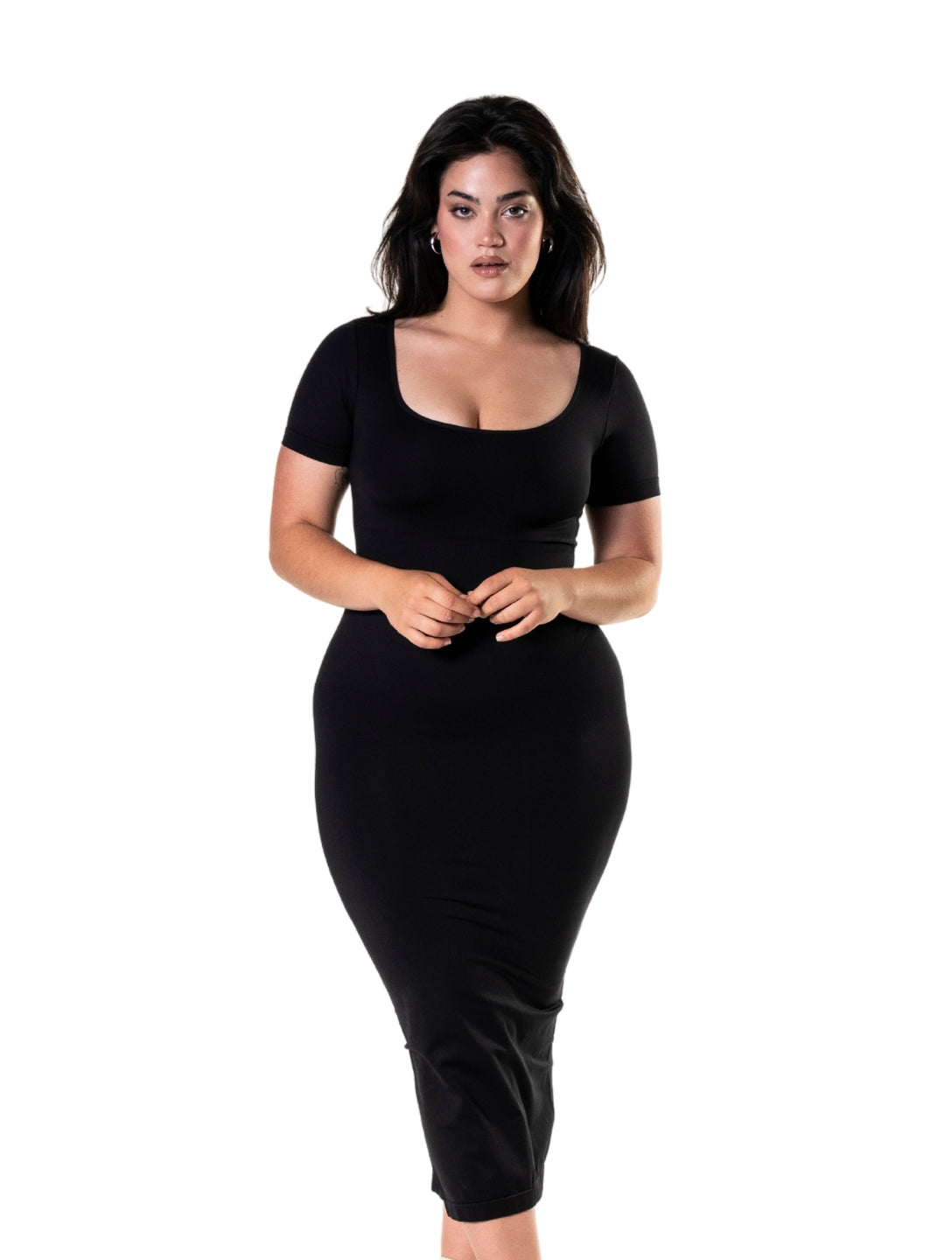 Bodycon Shapewear Midi Slit Dress with Short Sleeves