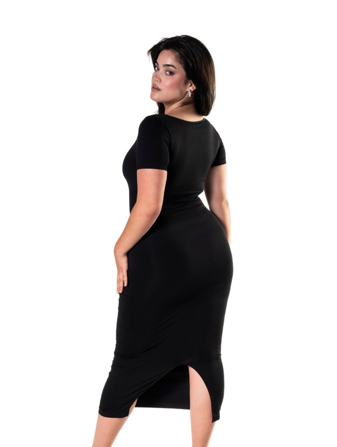 Bodycon Shapewear Midi Slit Dress with Short Sleeves