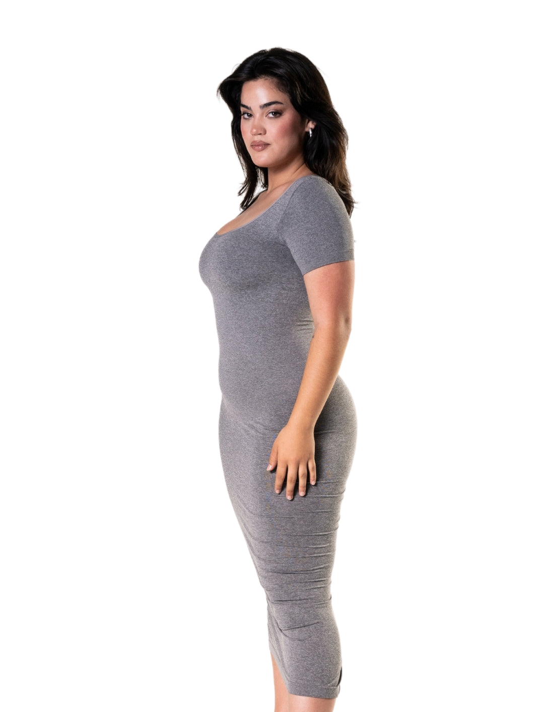 Bodycon Shapewear Midi Slit Dress with Short Sleeves - HeyShape