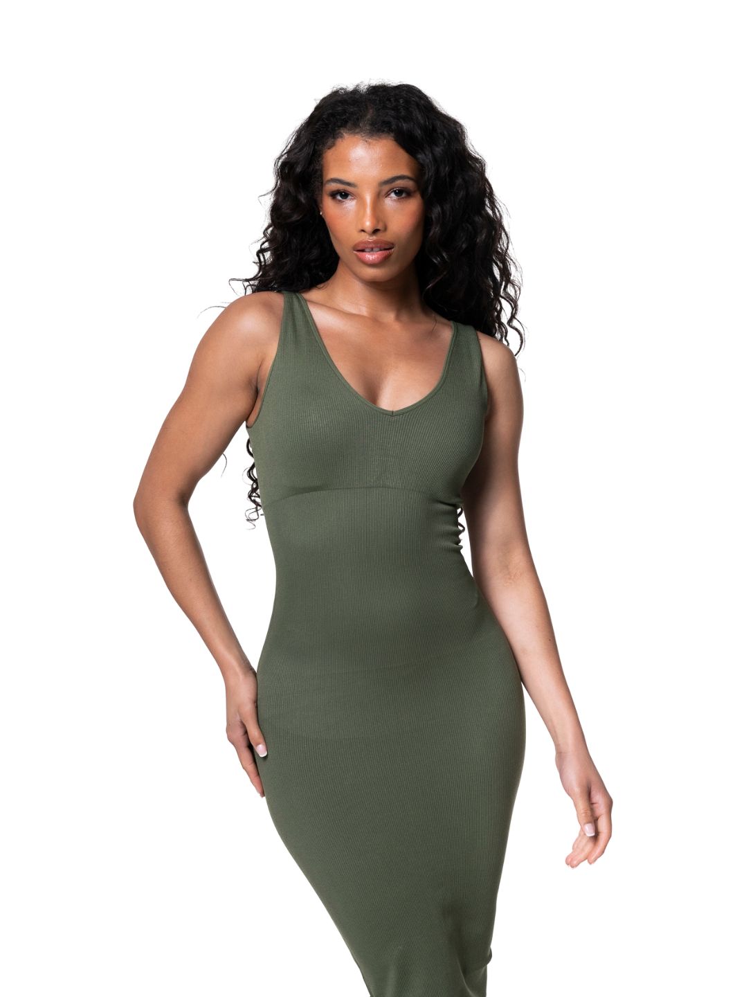 Deep V-Neck Seamless Midi Dress