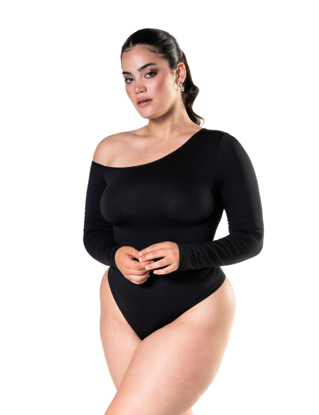 One Shoulder Long Sleeve Thong Bodysuit - HeyShape