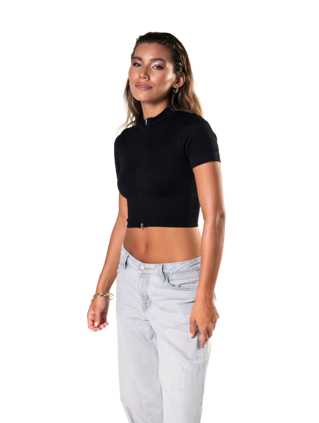 Crop top de manga corta con cremallera y canalé sin costuras