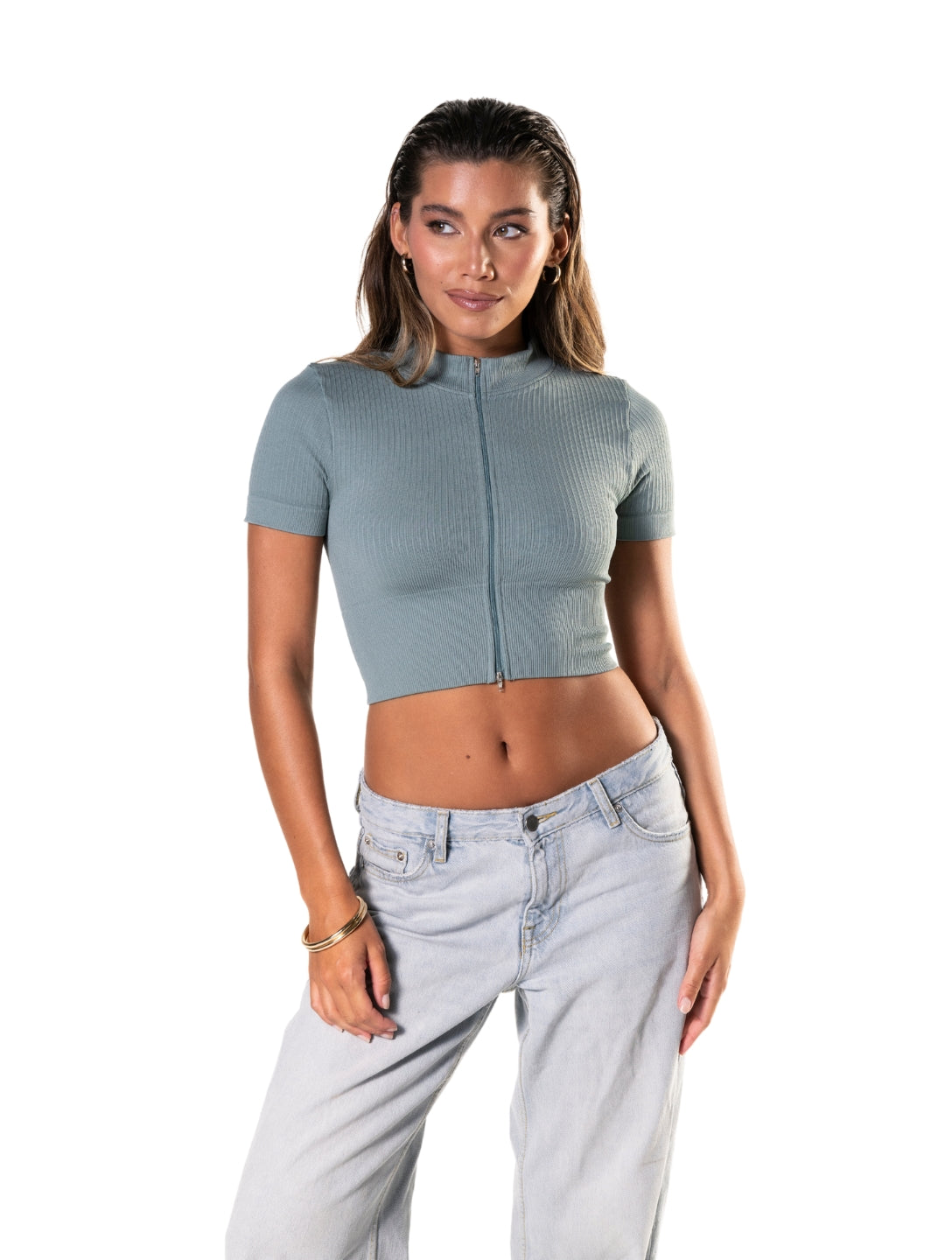 Crop top de manga corta con cremallera y canalé sin costuras