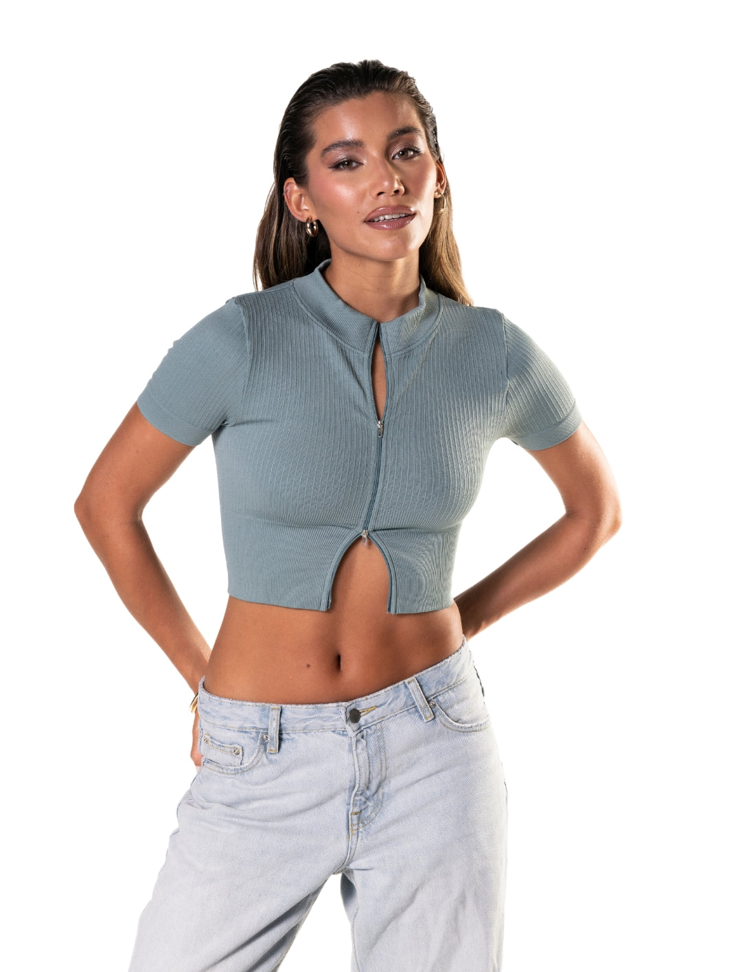 Seamless Ribbed Zip-Front Short Sleeve Crop Top - HeyShape