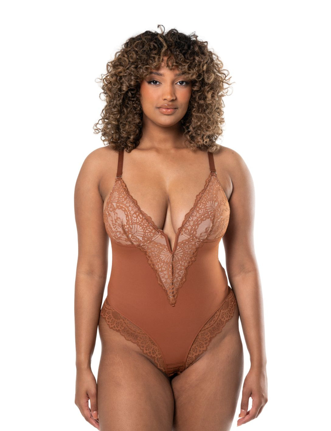 V-Neck Half Laced Bodysuit - HeyShape