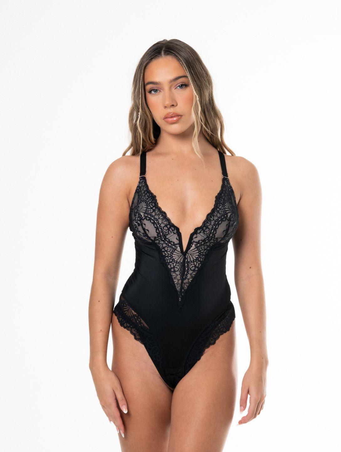 Bodysuit à col en V et demi-dentelle