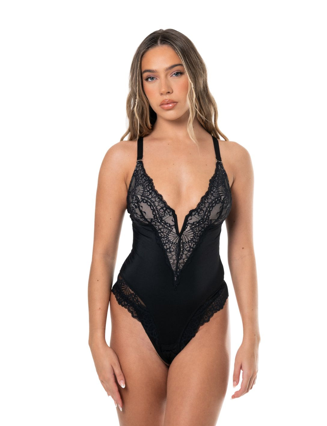 V-Neck Half Laced Bodysuit - HeyShape