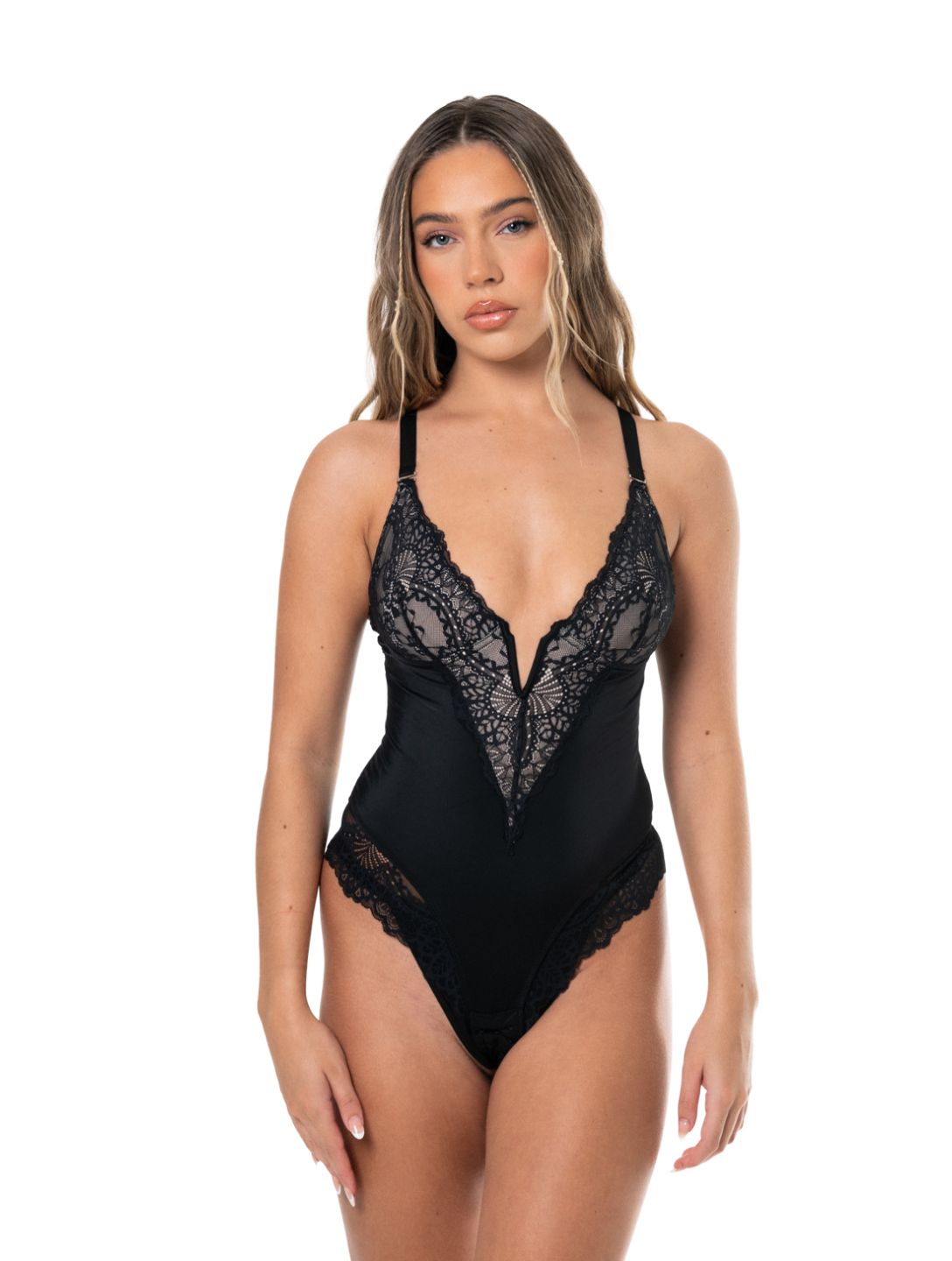 Bodysuit à col en V et demi-dentelle